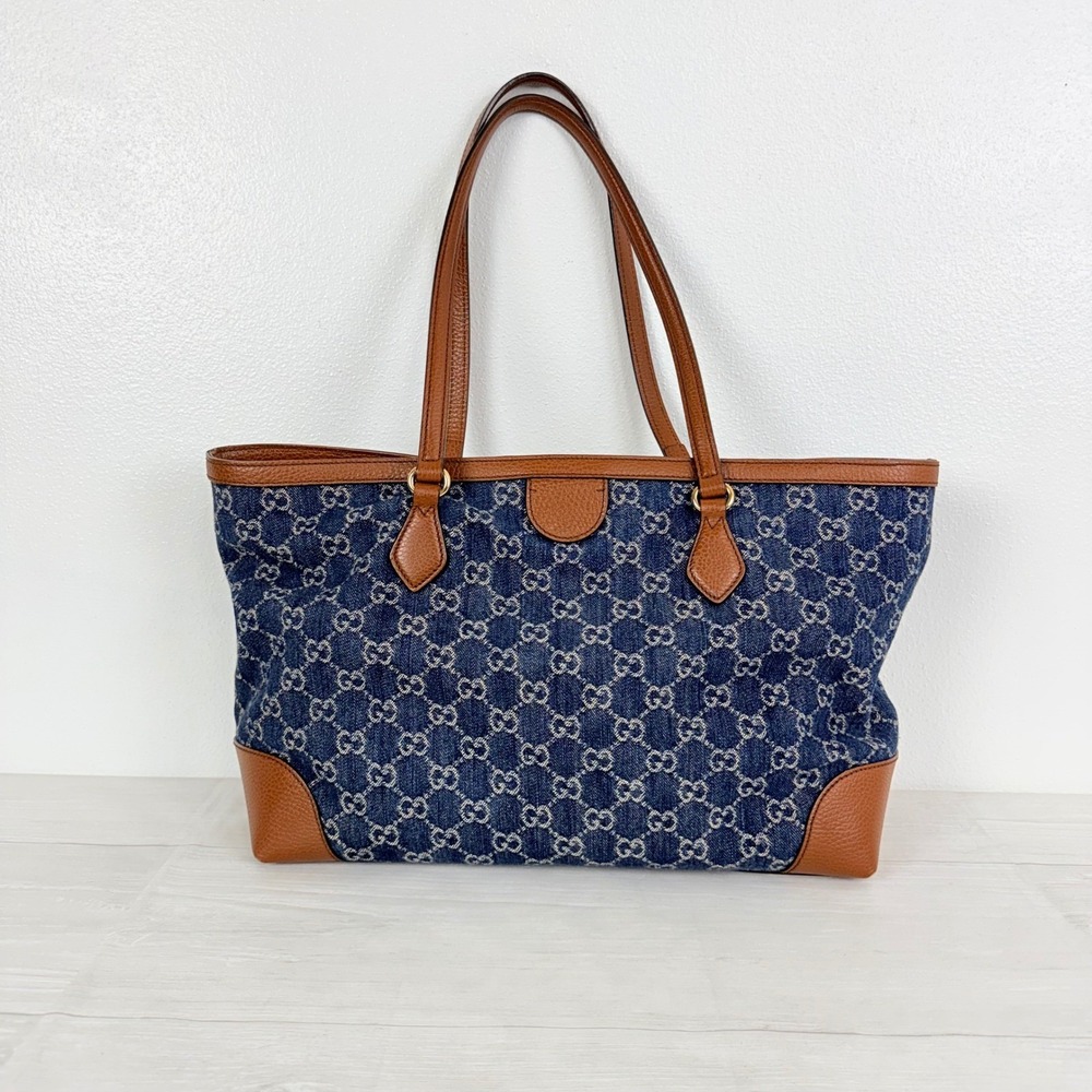 Gucci GG Monogram Denim Tote Bag Medium Blue Brown Leather Trim Tea Cuir - Picture 5 of 16